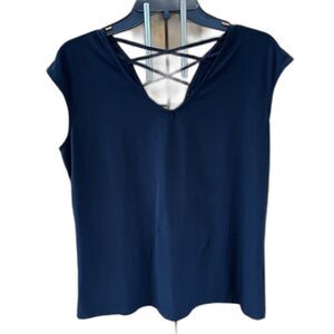 Nue Options Women Top M Black V Neck Cap Sleeve Shirt Stretch Pullover
